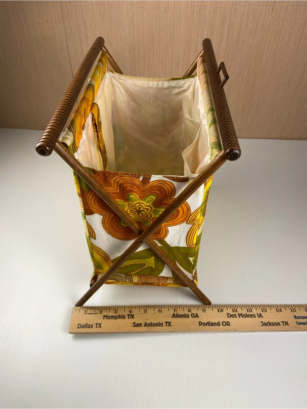 Vintage MCM Folding Magazine Rack Knitting Sewing Basket Mod Floral Wood Stand